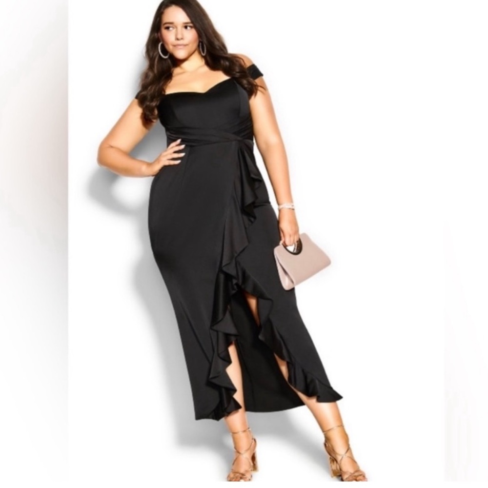 City Chic black hypnotize maxi ruffle detail dress Sz 16 New